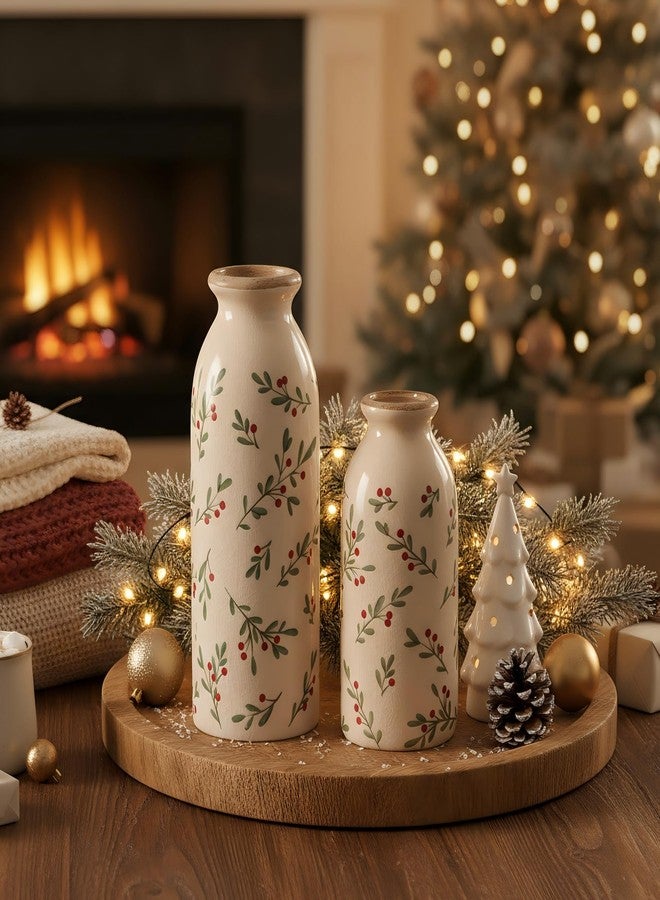 Ronasip Christmas Holly Vases, Ceramic Vase Set of 2, Hand-Painted Rustic Decor, Ice Cracked Glaze, Xmas Home Decor (Holly) - Image 4